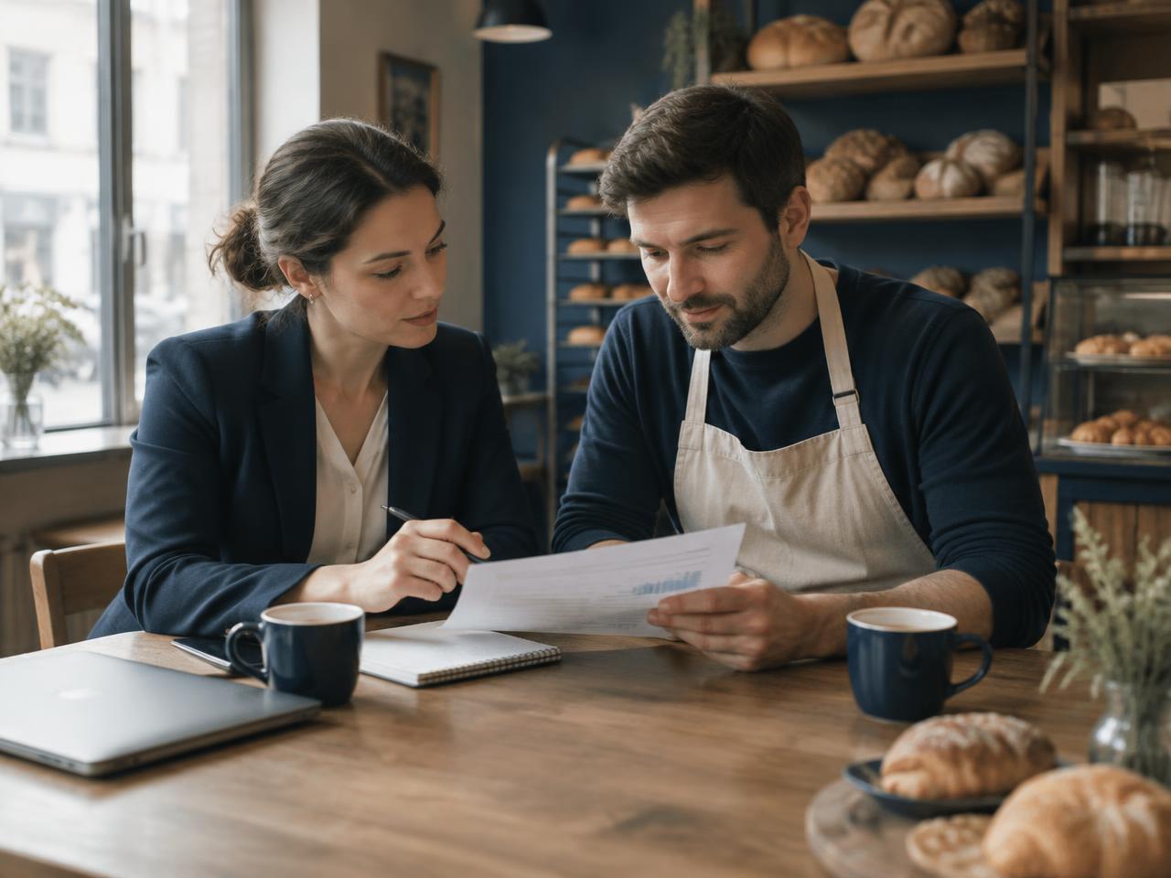 An accountant and a bakery owner reading a report together